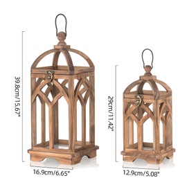 Staymoment Wooden Decorative Candle Lanterns Set of 2, Indoor Rustic Hanging Candle Holder for Table Centerpiece Fireplace Mantle Shelf, 12" & 16" Farmhouse Home Decor for LED & Real Candle, Brown
