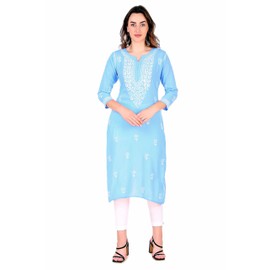 ladyline Womens Plain Maslin Silk Lakhnavi Handwork Embroidery Kurti Tunic Kurta Dress, Sky-blue, 38