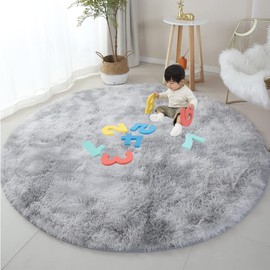 OMGREAT Round Fluffy Rug for Bedroom, 120cm Circle Light Grey Rug for Kids Room, Plush Fuzzy Rug for Teen's Room, Shaggy Circular Rug for Nursery Room, Modern Furry Carpet Cute Room Decor for Baby