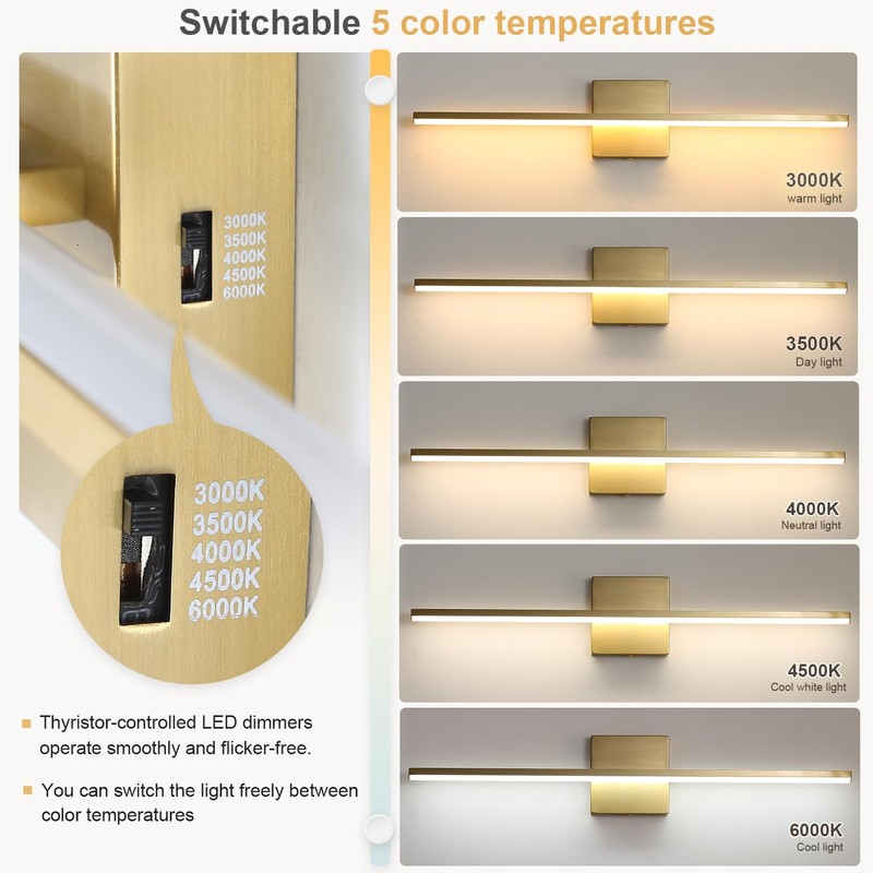 fengkiop Modern Bathroom Vanity Light 24 Inch, 18W Brushed Brass