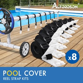 ALFORDSON Pool Cover Roller 8X Straps Kit Solar Swimming Pool Thermal Blanket Attachment for Pool Cover Reel, 8 Sets Replacement Clips & Nylon Straps for Inground Pools, Black