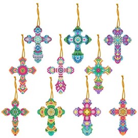 Syntego 10 Pcs 5D DIY Assorted Cross Diamond Painting Hanging Ornament Decoration Kit for Adults Plastic Craft Pendant