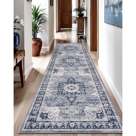 LUMI Runner Rugs for Hallways, 3'x7' Washable Absorbent Thin Runners, Soft Non Slip Vintage Floral Floor Rugs for Laundry Kitchen Entryway, Blue