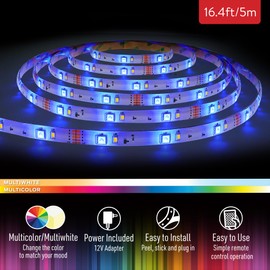 Xtreme Lit 16.4ft RGBW Color-Changing Indoor LED Light Strip, 12V Adapter, Easy DIY Installation