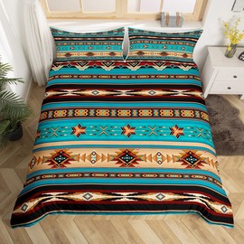 Aztec Bedding Set Ethnic Tribal Arrow Duvet Cover,Vintage Southwestern Native Bohemian Comforter Cover Queen,Western Star Bed Set Exotic Geometric Diamond Stripes Room Decor,Teal Blue and Brown