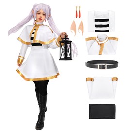 C-ZOFEK Frieren Costume Elf Cosplay White Cape Skirt Uniform with Pantyhose and Earrings (white, X-Small)