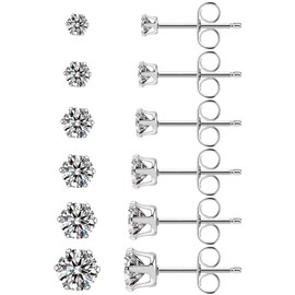 Ringcal 6 Pairs Stainless Steel Stud Earrings Set Hypoallergenic Cubic Zirconia 14K White Gold CZ Earrings for Women (6pairs-Silver)