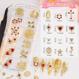 5 Boxes Gold Nail Charms and Gems Kit, 3D Flower Heart Cross Star Bow Nail Art Charms Red White Flatback Pearls and Rhinestones Mini Metal Caviar Beads with Tweezers for Nails Design