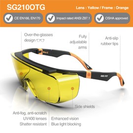 DEX FIT Safety Work Over Glasses SG210 OTG; Z87 Eye Protection for Men & Women, Fog & Scratch Resistant, Adjustable, UV & Blue Light Blocking (Black & Orange Frame, Yellow Lens)