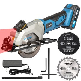 G LAXIA Mini Circular Saw, 4-1/2"" 3400RPM Cordless Circular Saw with Laser Guide, Rip Guide, Compact Hand Saw with 2Pcs blades（24T+60T), Max Cutting Depth 1-11/16""(90°), 1-1/8""(45°), Blue