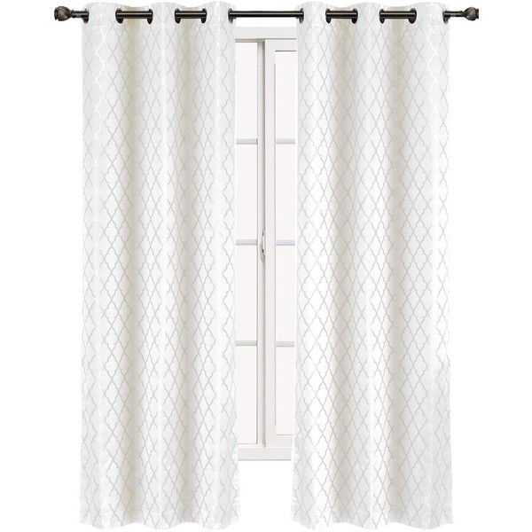 Willow Jacquard White Grommet Blackout Window Curtain Panels, Pair / Set of 2 Panels, 42x96 inches Each