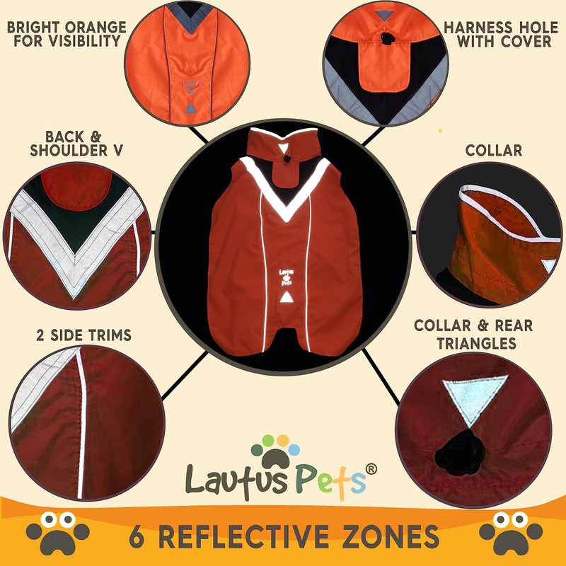 Lautus Pets Dog Rain Coat - Waterproof, Reflective, Bright Orange