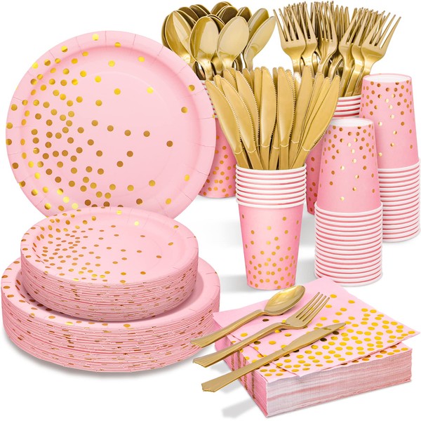 Partylamb Pink and Gold Party Supplies 350PCS Disposable Dinnerware Set with Pink Paper Plates Napkins Cups, Gold Plastic Forks Knives Spoons for Halloween Thanksgiving Christmas Birthday Wedding