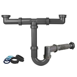 1-1/2 Inch Double Bowl Kitchen Sink Drain Kit - Universal Flexible P-Trap Pipe with Expandable Tailpiece (Wall & Floor Drain Compatible), Complete Plumbing Replacement Kit for 15"-24" Spacing
