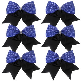 8 Inch Cheer Bows with Rhinestones, 2 Color Boutique Scrunchies, Cheerleader Ponytail Holder with Bling Hair Tie (Royal blue/Black)