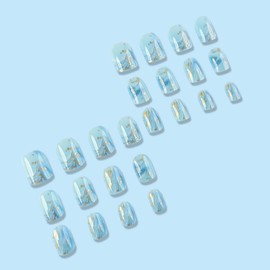 Press on Nails Short Blue White Colors Waves False Nails Square Nails Artificial Acrylic Nails Natural Fit Fake Nails Full Cover Glossy Reusable Coffin Nails Glue on Nails for Women 24Pcs