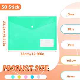 Plastic File Folders, 50 PCS Plastic Envelopes with Snap Closure, Plastic Folders for Documents, A4 Letter Size Clear Envelopes Folders, File Bags, Reusable Document Envelopes Pouch