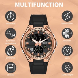 findtime Ladies Sport Digital Watches Wrist Watch for Women with Waterproof Dual Time Date Luminous Back Light Week Alarm Stopwatch White Black Blue Green (BlackRosegolden)