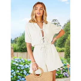 Fixmatti Women's Summer Rompers V Neck Self Tie Front Short Sleeve Jumpsuit Playsuit White S