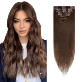 Rich Choices Clip-In Real Hair Extensions, Pack of 8, 20 cm, #4 Medium Brown Hair Extensions, Real Hair, Remy Silky Straight, Invisible Clip-In Hair Extensions, Natural, Thin Wefts