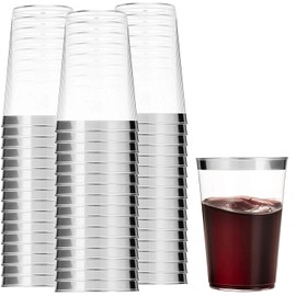100 Silver Plastic Cups 12 Oz Clear Plastic Cups Tumblers Silver Rimmed Cups Fancy Disposable Wedding Cups Elegant Party Cups with Silver Rim