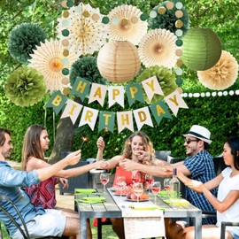 Green Birthday Party Decorations, Happy Birthday Banner Tissue Paper Pompoms Circle Garland Hanging Paper Fan Olive Green Party Neutral Birthday Decorations for Women Girls Boys