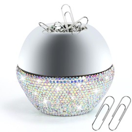Paper Clips in Magnetic Dispenser Holder Glitter Rhinestone White 28mm Small Desk Accessories Office Supplies for Women, 100 per Box