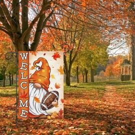 Wodison Fall Football Garden Flag 12x18 Inch Double Sided Outside, Gnome Welcome Autumn Maple Leaves Seasonal Yard Outdoor Flag