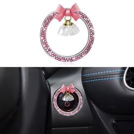 Lyxheth Cute Bow Bling Car Engine Stop Decoration Ring, Engine Start Button Cover, Crystal Rhinestone Push to Start Button Cover Knob Ring with Bow, Shiny Ignition and Knob Ring for Women (Pink)