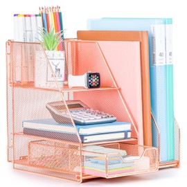 Topwey Rose Gold Desk Accessories, Office Supplies Desk Organizer Caddy with Sliding Drawer, Double Tray, File Organizer and pen holder for Home, Office School