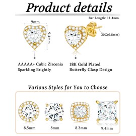 Wrlcorly 5 Pairs Cubic Zirconia Stud Earrings for Women Men 18K Gold Plated Halo Iced Out Stud Earring CZ Round Square Heart Simulated Diamond Stainless Steel Earrings Jewelry Set
