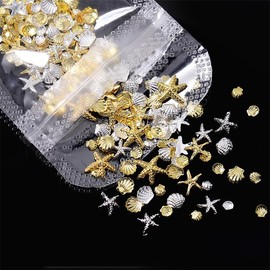 FINGCRO Starfish Nail Charms About 200Pcs Pearl Nail Rhinestones Gold Shell Nail Gems Bedazzling Gems for Women DIY Summer Nail Art Supplies 4