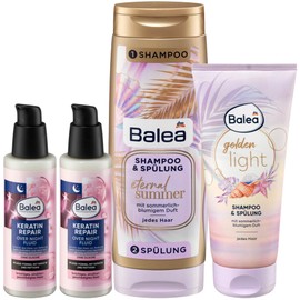 Balea Set of 4 Hair Care: Professional Keratin Repair Over Night Fluid Protects When Sleeping (2 x 100 ml) + ETERNAL SUMMER Shampoo & Conditioner (300 ml) + Golden Light Shampoo & Conditioner (200 ml), 700 ml