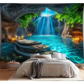 FENDROM Nature Karst Cueva Cascada Tapiz Sunshine Cueva Lanzada Agua, Hojas Verdes Paisaje para colgar en la pared, telón de fondo para decoración del hogar, sala de estar y recámara