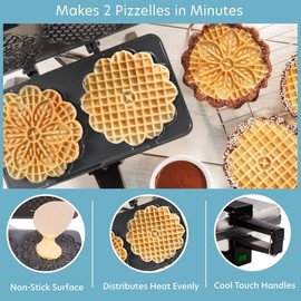 Pizzelle Maker - Non-stick Electric Pizzelle Baker Press Makes Two 5-Inch Cookies at Once- Recipe Guide Included- Holiday Party Dessert Treat Making Made Easy- Unique Birthday or Any Occasion Gift