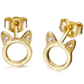Cat Stud Earrings Sterling Silver Tiny Small Cute cat Earrings Cubic Zirconia Earrings for Women (Gold)