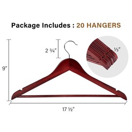 StorageWorks Wooden Coat Hanger, Wood Clothes Hangers 20 Pack, Dark Cherry Color, Natural Wood Hangers for Coats, Shirts, Jackets, Pants, Suits