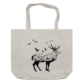 Ambesonne Animal Shopping Bag, Mountain and Cottage Scene in Hand Drawn Birds Countryside Wildlife Themed Print, Eco-Friendly Reusable Bag for Groceries Beach and More, 15.5" X 14.5", Cream