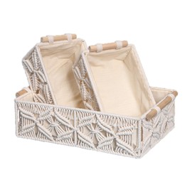 GIB Macrame Storage Basket Boho Decor Baskets with Wood Handles and Liners, Hand-Woven Decorative Storage Boxes for Shelves Toilet Tank Cabinet Organizer for Living Room Bedroom, Set of 3