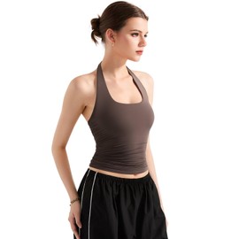 SUUKSESS Women Halter Tank Tops Double Lined Basic Backless Y2K Trendy Going Out Tops (Brown,S)