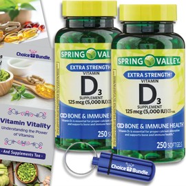 Spring Valley Vitamin D3 Softgels 125 mcg 5000 IU 250 Ct 2 pk (500 Total) + Vitamin Vitality & Pill Container (4 Items)!