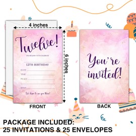 Pink Lover Birthday Invitations, 25 Double-Sided Invitation Cards with 25 Envelopes, 12th Birthday Party Decoration Supplies - C05