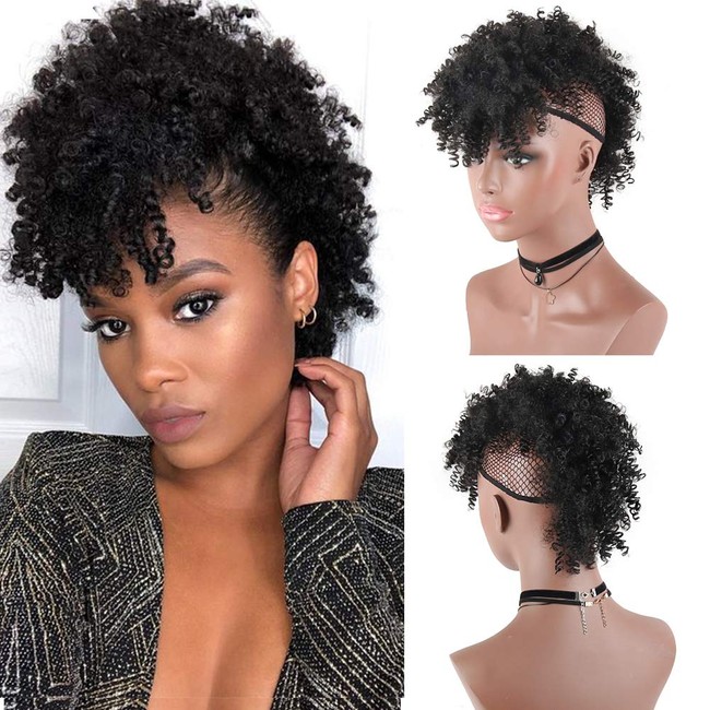 AISAIDE High Puff Afro Ponytail Drawstring,Short Curly Ponytail Extension,Mohawk Kinky Synthetic Hair Bun with Bangs,Wrap Updo Clip in Hair Extensions with Six Clips and Two Comb