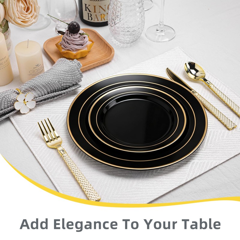 200PCS Black Plastic Plates, Disposable Plates with Gold Rim