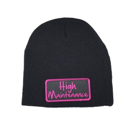 Vagabond Joes Embroidered Hot Pink Black High Maintenance Script Biker Beanie Stocking Knit Cap Hat