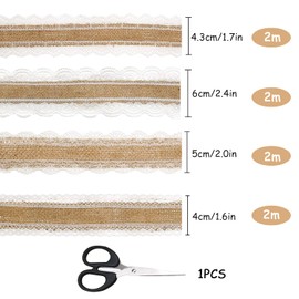 4 Rolls x 2 m Jute Ribbon with Lace, Lace Ribbon Vintage Decorative Ribbon for DIY Crafts Christmas Decoration Wedding Party Crafts Gift Ribbon