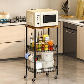Rolling Kitchen Storage Cart, 3-Tier Storage Rack on Caster Wheels with Adjustable 2 Baskets, Coffee Station Cart Rack Shelf Organizer for Living Room Office, Balcony, Rustic Brown/Black
