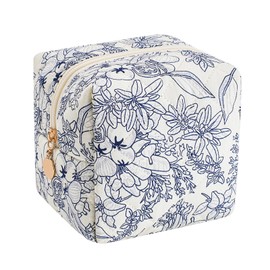 JOVAKIT Cubic Shaped Quilted Makeup Bag Cosmetic Bag for Women, Floral Coquette Cotton Cube Travel Makeup Case Zipper Make Up Pouch, Travel Storage Organizer (Navy Blue Flower)