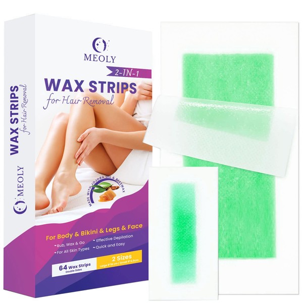 MEOLY Wax Strips 64 counts, Waxing Strips, Wax Strips for Hair Removal, Waxing Strips for Face, Bikini, Legs, Arms and Armpit. Hair Removal Waxing Kit with 24 Facial Strips, 40 Body Strips.