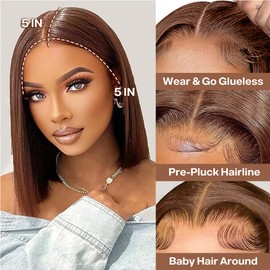 Ailwelia Chocolate Brown Bob Wig Human Hair Wear And Go Glueless 5x5 Hd Lace Closure Wigs Human Hair Pre Plucked 200% Density Closure Straight Bob Wigs For Black Women #4 Color 12 Inch Glueless